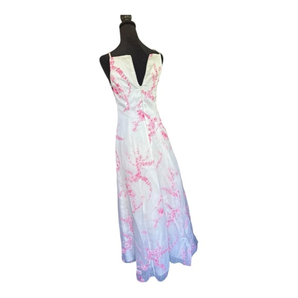 VTG 90s USA Organza Formal A line Dress in White with pink flower print SZ 3/4 - Picture 5 of 9